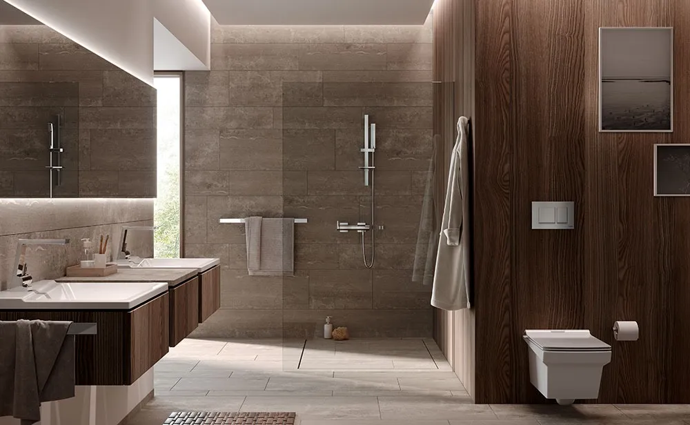 Ahşap kaplamalı çift lavabolu banyo dolabı, ışıklı ayna ve camlı duş bölümü